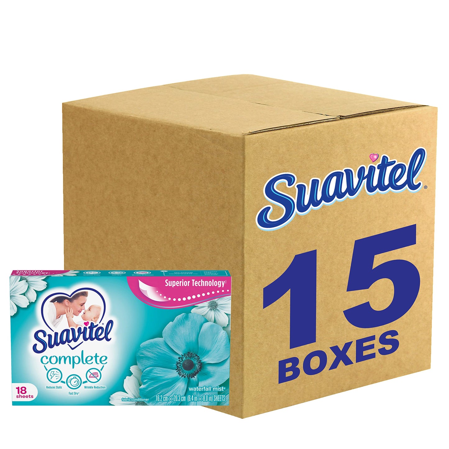 Suavitel Complete Fabric Softener Dryer Sheets, Waterfall Mist - 15 Pack