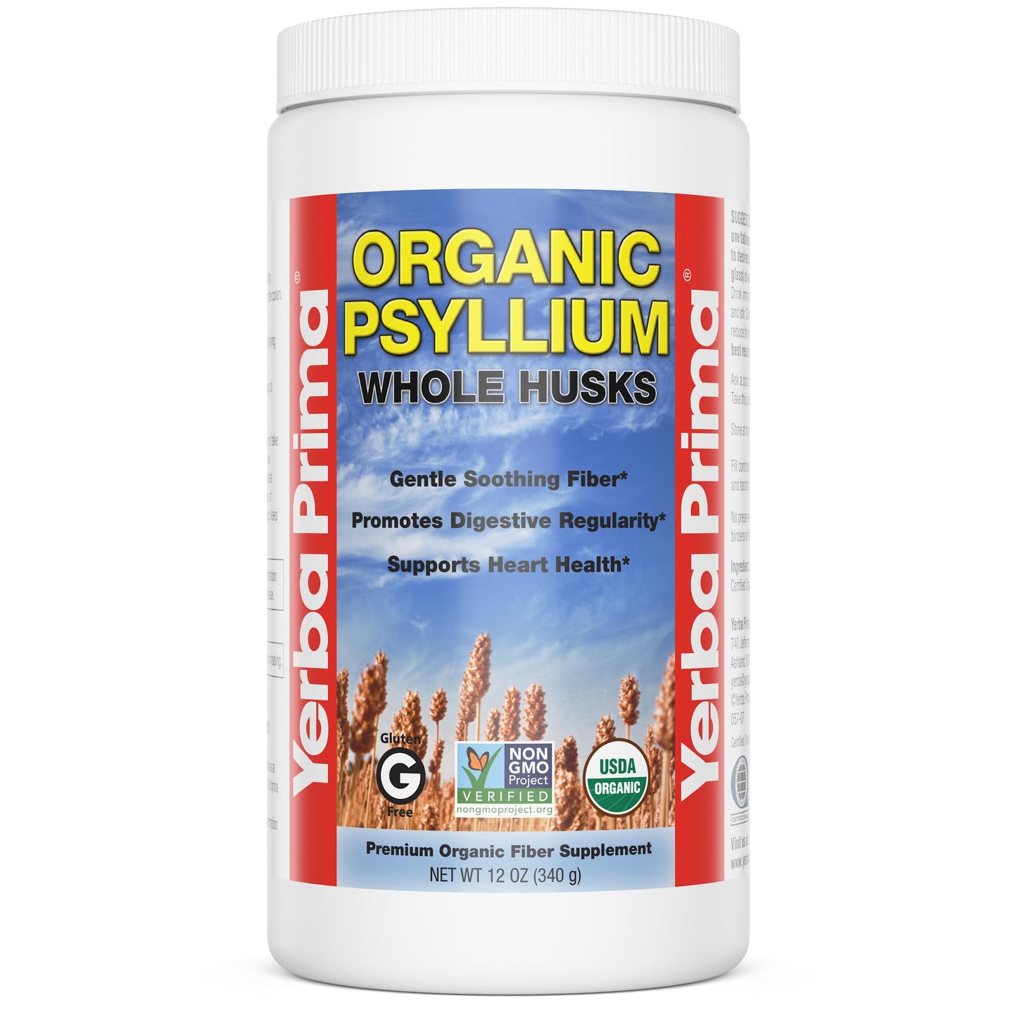 Yerba Prima Organic Psyllium Whole Husks 12 oz - Natural Dietary Fiber Supplement, Non GMO, Gluten Free, Keto and Vegan Friendly for Regularity Support, Unflavored