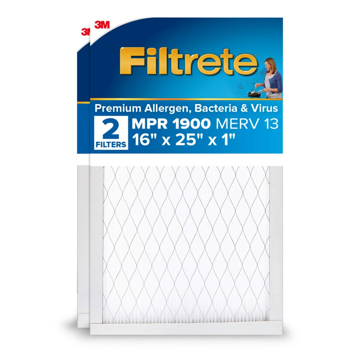 Filtrete 16x25x1 AC Furnace Air Filter, MERV 13, MPR 1900, Premium Allergen, Bacteria&Virus Filter, 3-Month Pleated 1-Inch Electrostatic Air Cleaning Filter, 2-Pack (Actual Size 15.719x24.72x0.78 in)