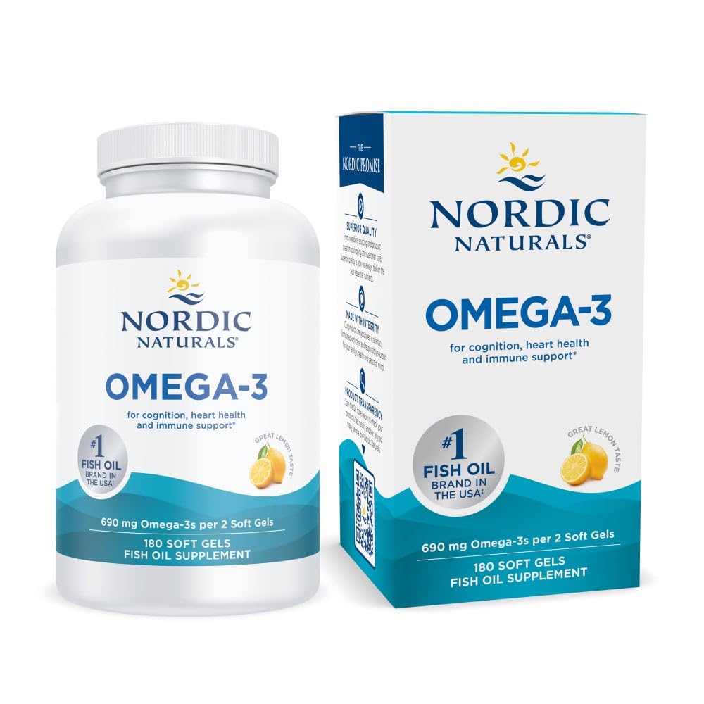 Nordic Naturals Omega-3, Lemon Flavor - 180 Soft Gels - 690 mg Omega-3 - Fish Oil - EPA& DHA - Immune Support, Brain & Heart Health, Optimal Wellness - Non-GMO - 90 Servings