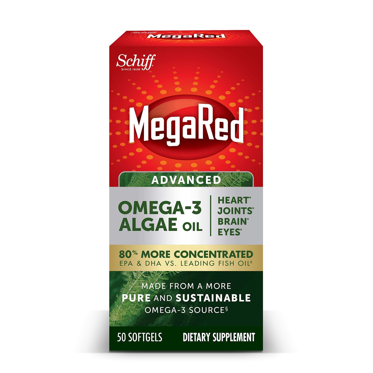 Omega-3 Advanced Algae Oil 600mg, MegaRed Softgels (50 Count In A Bottle), Omega-3’s for Heart, Joints, Brain & Eye Health*, EPA, DHA, Algae Oil, Vegetarian