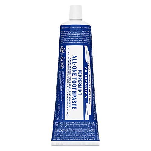 Dr. Bronner’s - All-One Toothpaste (Peppermint, 5 Ounce) - 70% Organic Ingredients, Natural and Effective, Fluoride-Free, SLS-Free, Helps Freshen Breath, Reduce Plaque, Whiten Teeth, Vegan
