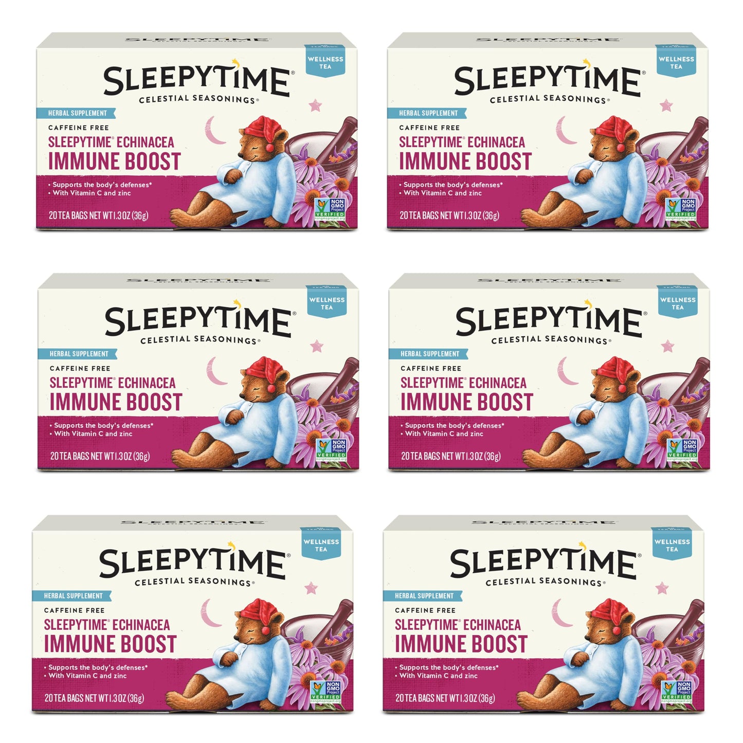 Celestial Seasonings Sleepytime Wellness Echinacea Immune Boost, Caffeine Free, 20 Tea Bags Box, (Pack of 6)