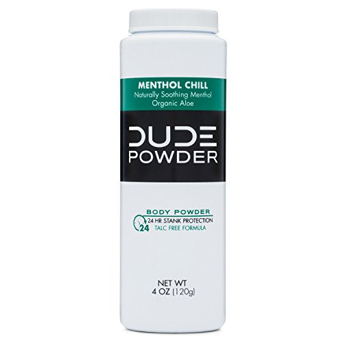 DUDE Body Powder - Menthol Chill 4 Ounce Bottle Natural Deodorizers Cooling Menthol & Aloe, Talc Free Formula, Corn-Starch Based Daily Post-Shower Deodorizing Powder for Men, Cooling Menthol
