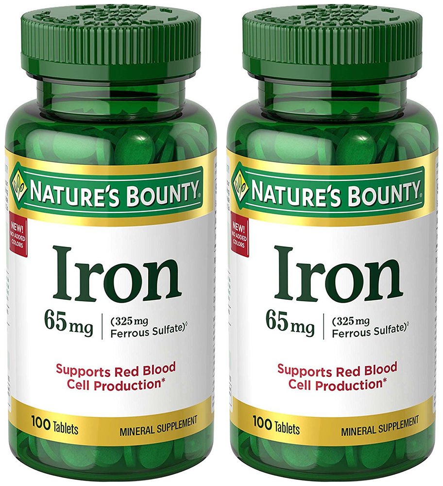 Iron 65 mg (325 mg Ferrous Sulfate), 2 Bottles (100 Count)
