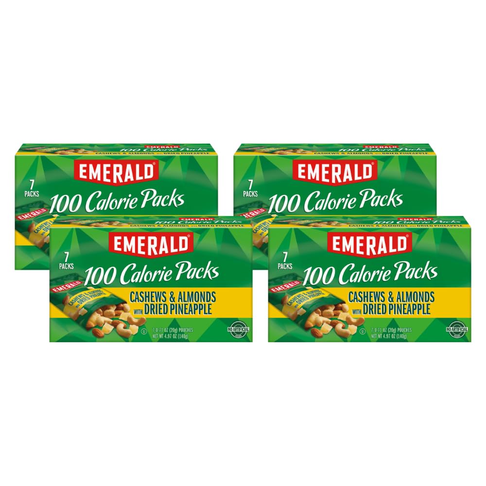 Emerald Nuts Cashews and Almonds with Dried Pineapple, 100 Calorie Packs, 7 Count, 4.97 Oz (Pack of 4)