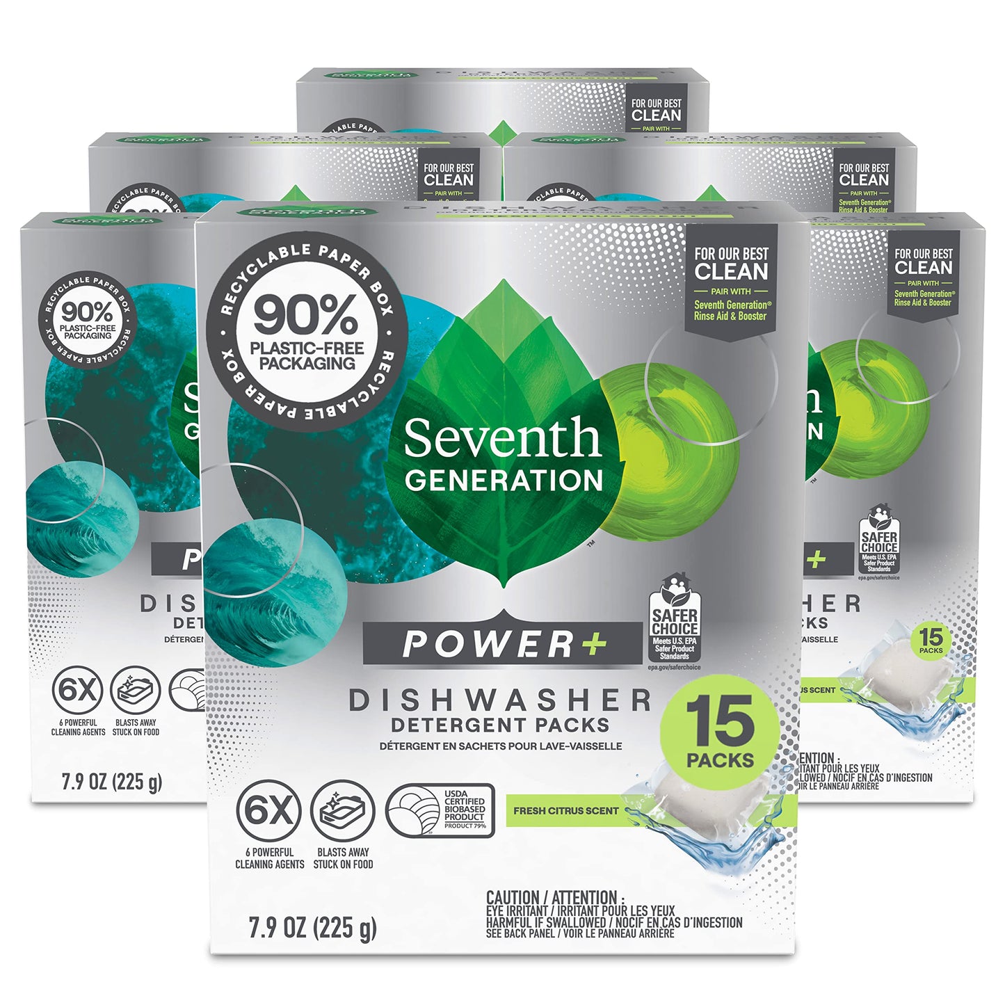 Seventh Generation Power Plus Dishwasher Detergent Packs Fresh Citrus scent Pack of 6 for sparkling dishes Dishwasher tabs, 15 count