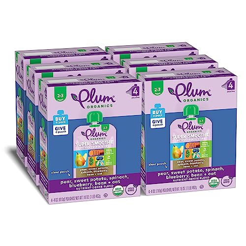 Plum Organics Super Smoothie Organic Toddler Food - Pear, Sweet Potato, Spinach, Blueberry, Bean, and Oat - 4 oz (Pack of 24)