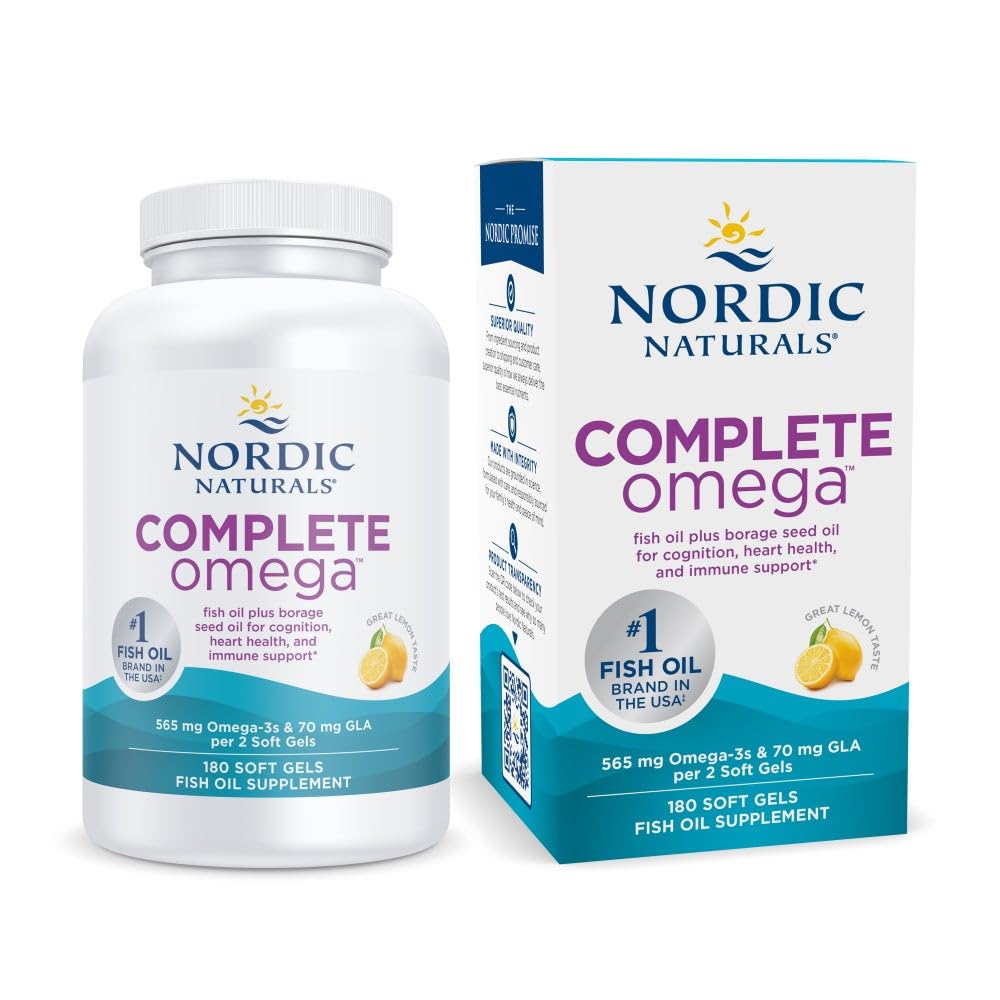 Nordic Naturals Complete Omega, Lemon Flavor - 180 Soft Gels - 565 mg Omega-3 - EPA & DHA with Added GLA - Healthy Skin & Joints, Cognition, Positive Mood - Non-GMO - 90 Servings