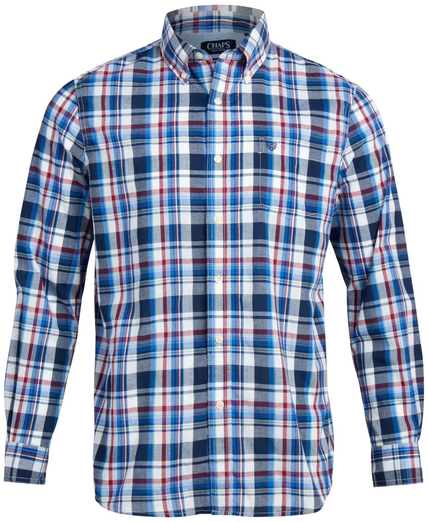 Chaps Men's Dress Shirt - Wrinkle-Resistant Long Sleeve Casual Button Down with Chest Pocket - Men's Collared Shirts (S-2XL), Size Medium, Classic Plaid