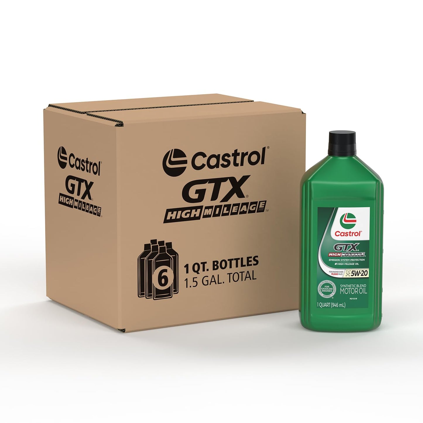 Castrol GTX High Mileage 5W-20 Synthetic Blend Motor Oil, 1 Quart, Pack of 6