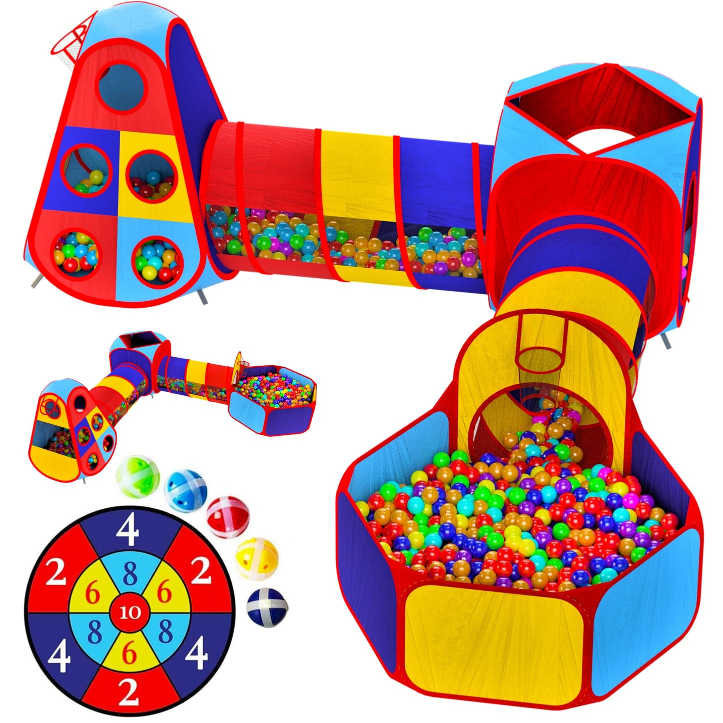 Playz 5pc Kids Play Tent Jungle Gym, Ball Pit, Pop Up Tents & Play Tunnel for Toddlers, Babies, and Kids Indoor & Outdoor Playhouse Bundle with Dartboard and 5 Sticky Balls, Gift for Boys & Girls