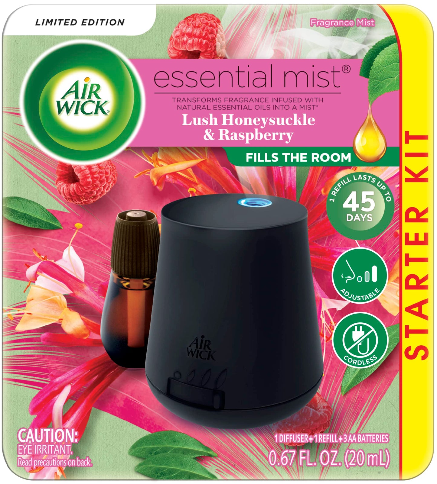Air Wick Essential Mist Starter Kit (Diffuser + Refill), Lush Honeysuckle & Raspberry, Essential Oils Diffuser, Air Freshener