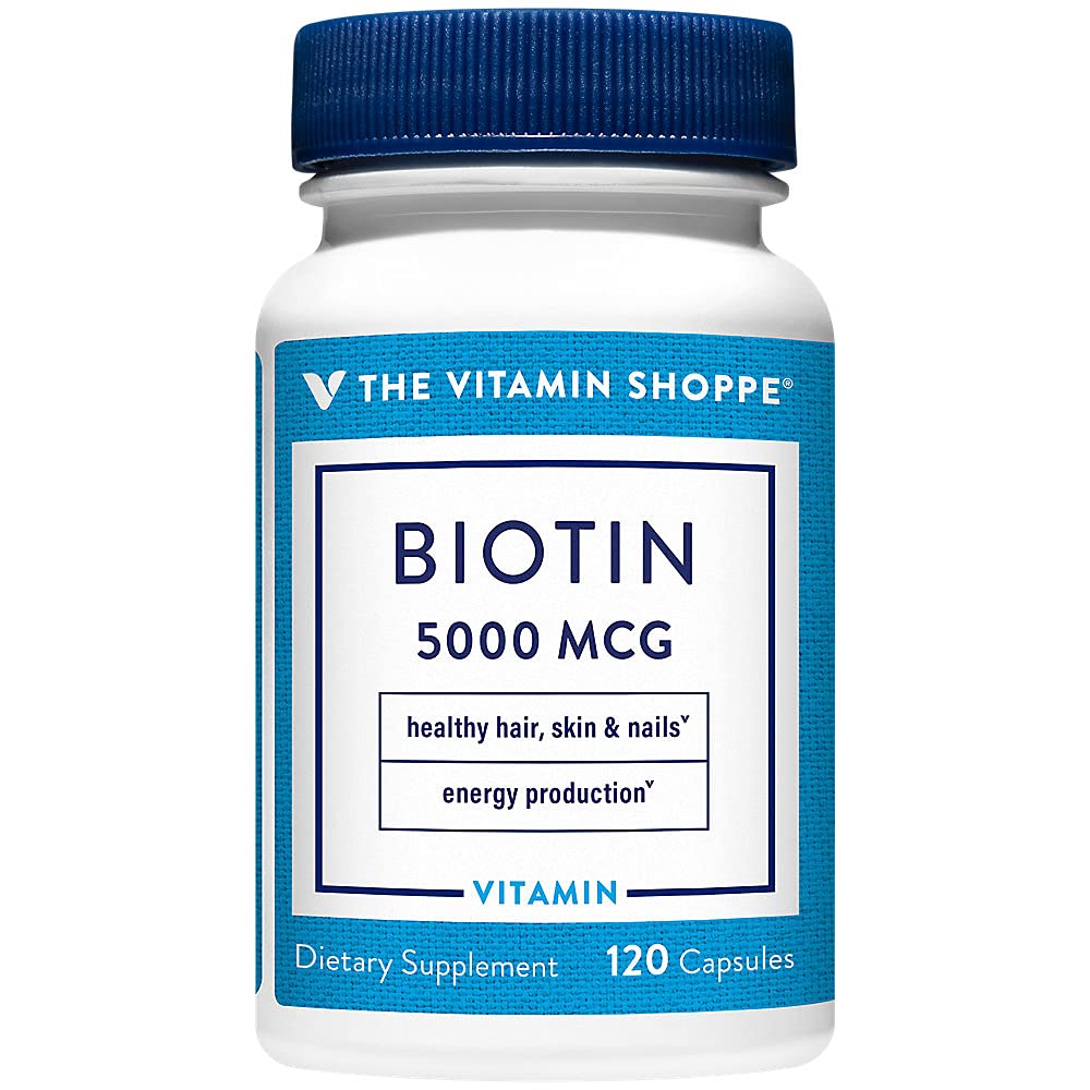 The Vitamin Shoppe Biotin 5,000MCG, Nutrient Metabolism Support for Healthy Vibrant Hair, Healthy Skin & Strong Nails, Energy Production (120 Capsules)