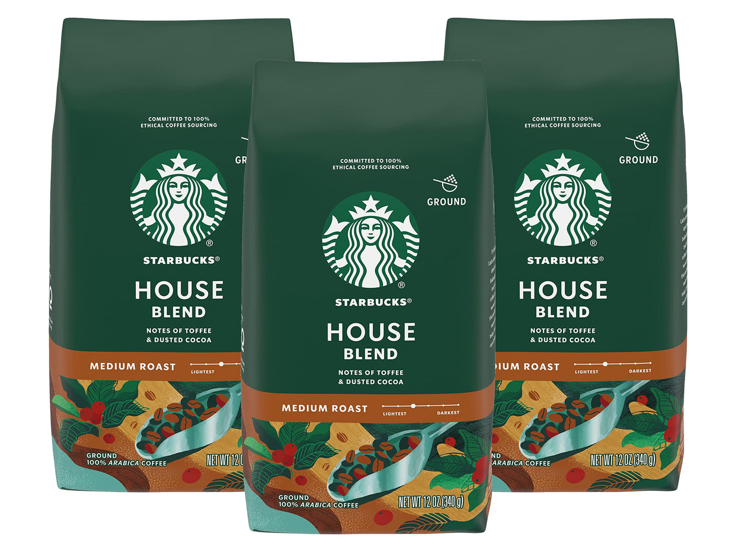 Starbucks House Blend Medium Roast Ground Coffee 12 ounce Bags (Pack of 3)