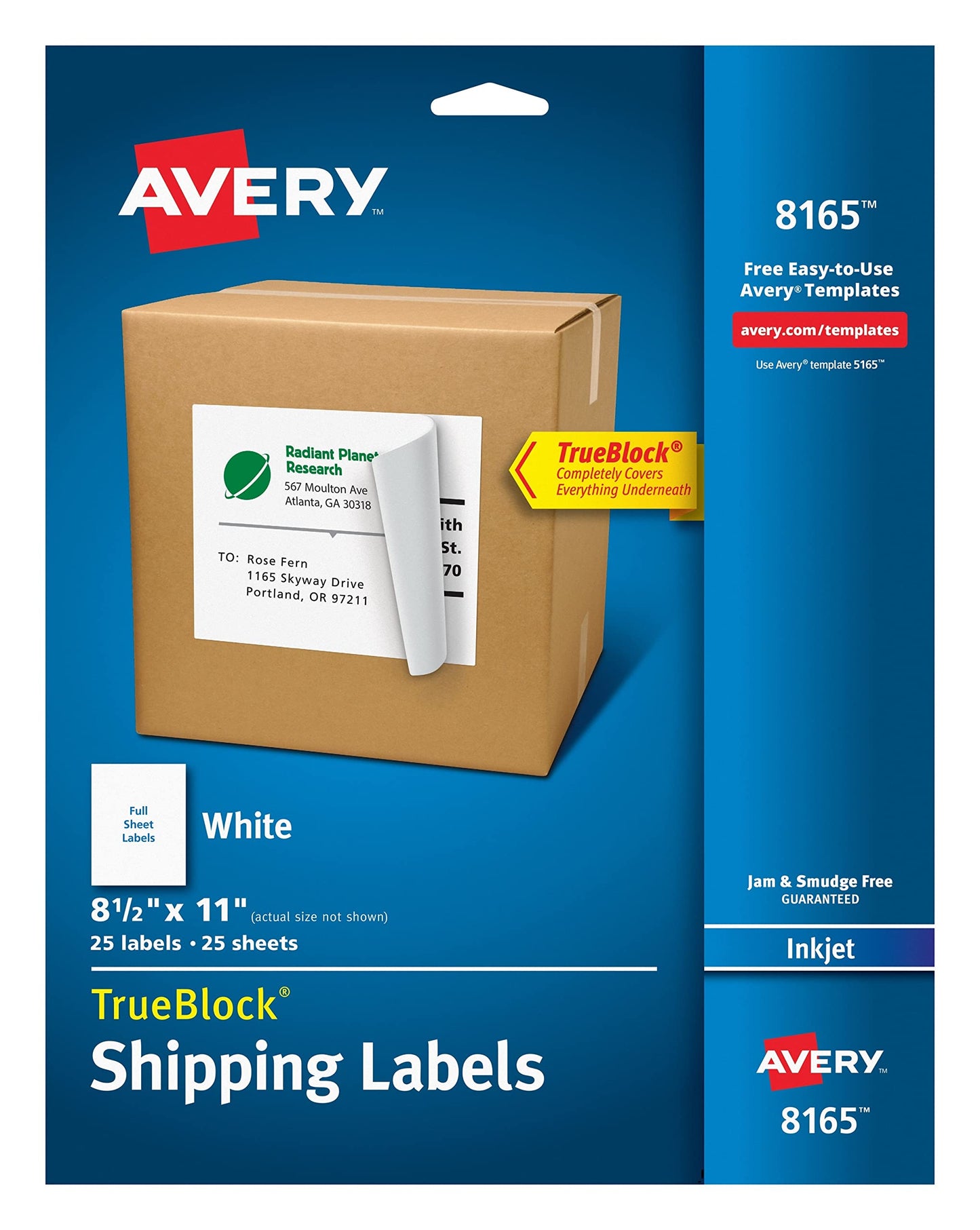 Avery Shipping Labels with TrueBlock Technology for Inkjet Printers, 8-1/2 x 11, 25 Labels per Pack, Case Pack of 5 (8165)