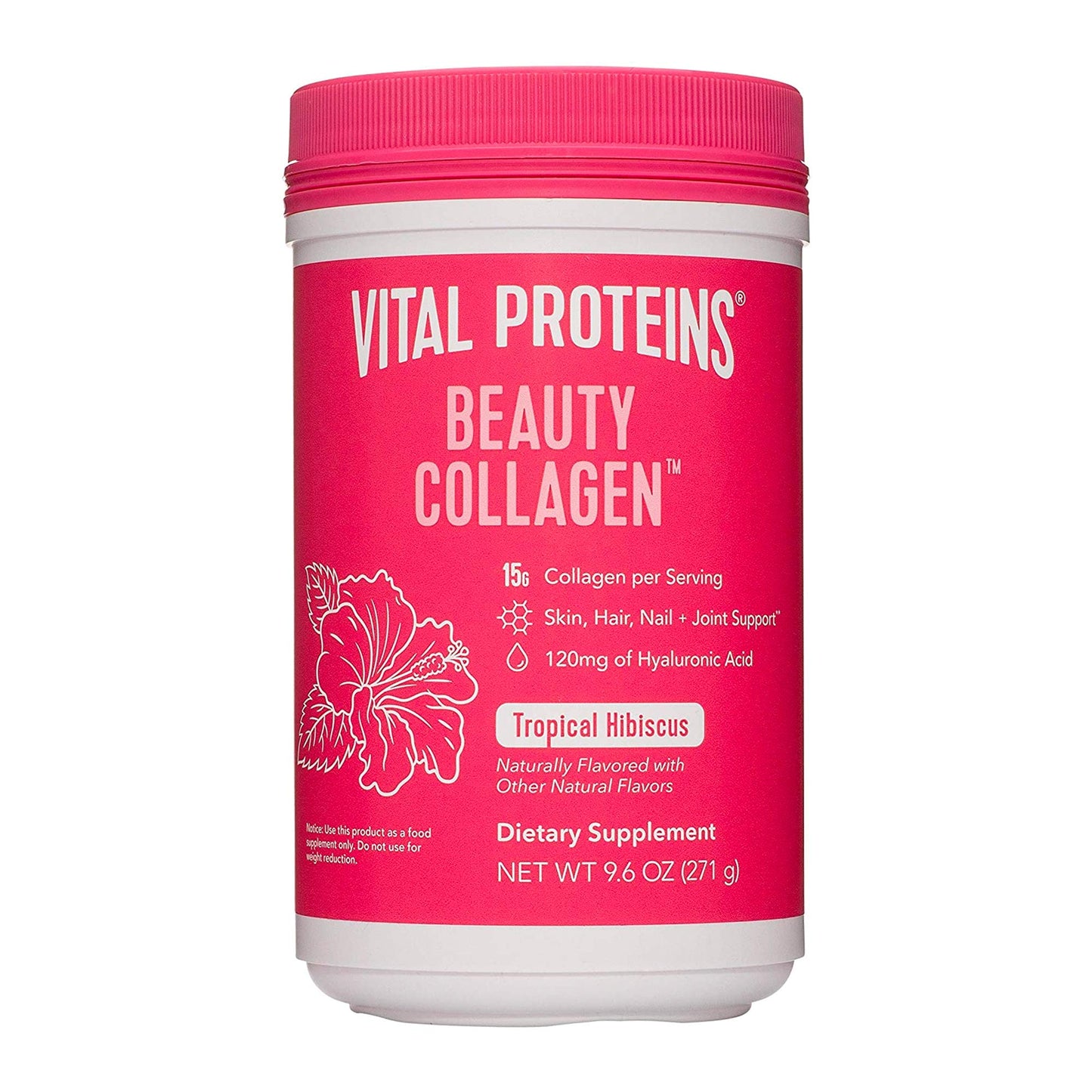 Vital Proteins Beauty Collagen Peptides Powder Supplement for Women, 120mg of Hyaluronic Acid - 15g of Collagen Per Serving - Enhance Skin Elasticity and Hydration - Tropical Hibiscus - 9.6oz Canister