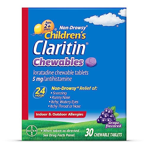 Children's Claritin Chewables 24 Hour Allergy Relief, Non Drowsy Kids Allergy Medicine, Grape Antihistamine Chewable Tablets, 30 Count