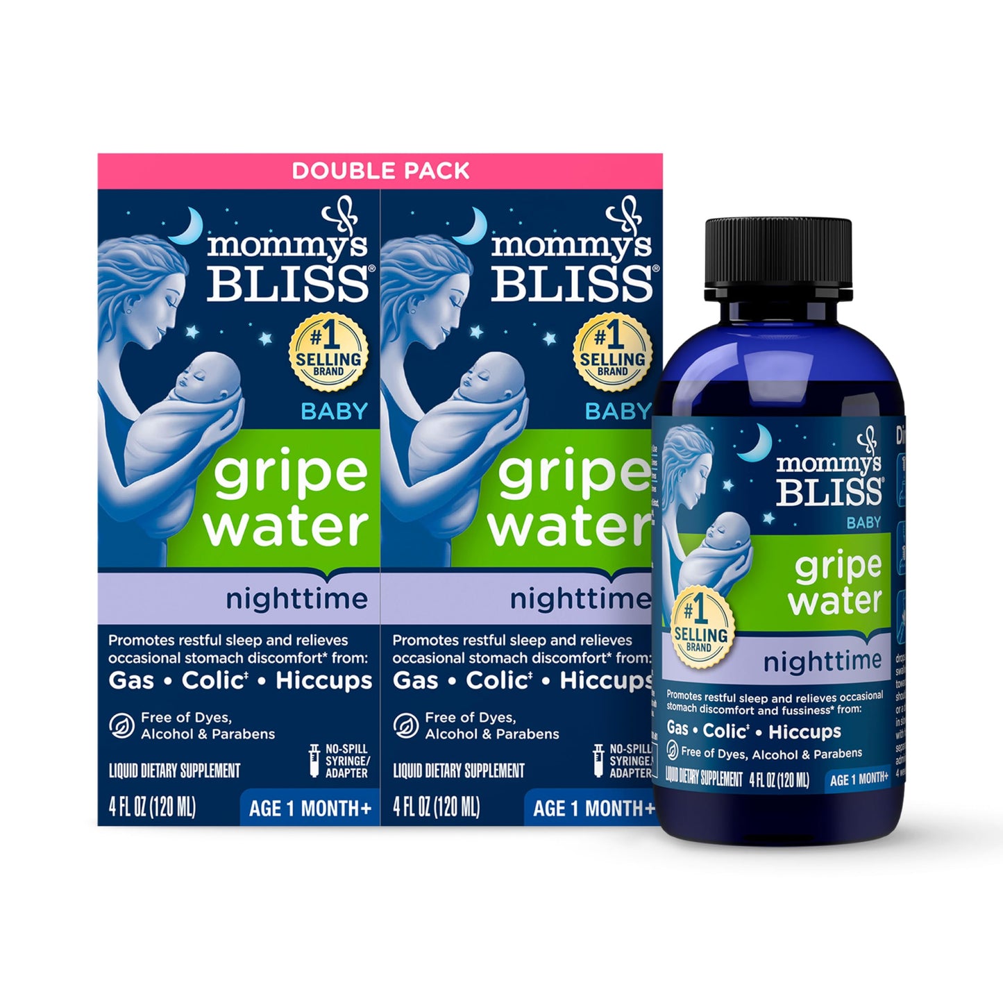 Mommy's Bliss Gripe Water Night Time, Relieves Stomach Discomfort From Gas, Colic, Fussiness, & Hiccups, Gentle & Safe, For Infants Age 1 Month+, 4 Fl Oz (Pack of 2)