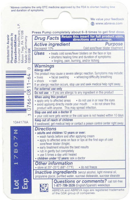 Abreva Cold Sore/Fever Blister Treatment, Pump 0.07 oz (2 g) (Abreva Pump)