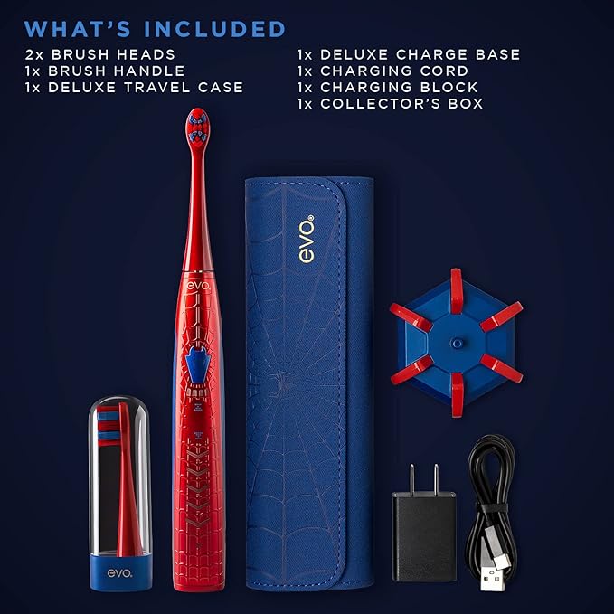 evo SPM-1 Spider-Man Rechargeable Sonic Toothbrush, Marvel Electric Toothbrush for Adults, Marvel Gifts, Soft Toothbrushes for Adults with Toothbrush Timer, Toothbrush Heads, Collector's Edition