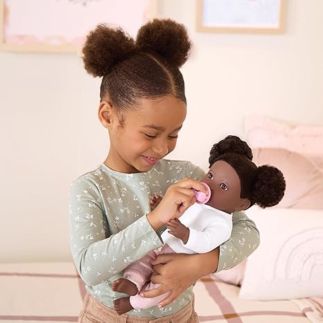 LullaBaby – 14-inch Realistic Baby Doll – Curly Dark-Brown Hair, Brown Eyes & Soft Body – Sweater & Pants Outfit, Hair Elastics & Pacifier – Pretend Play – Baby Doll with Curly Brown Hair