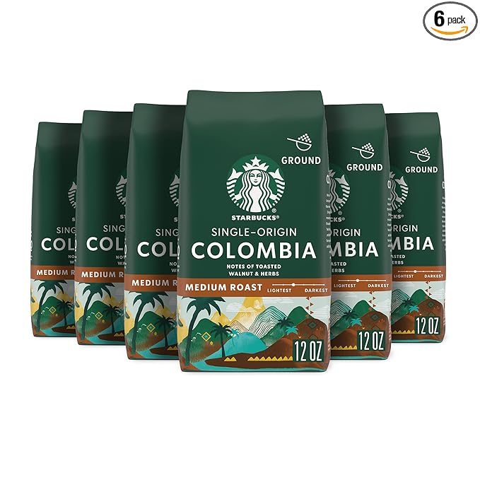 Starbucks Ground Coffee, Medium Roast Coffee, Colombia, 100% Arabica, 6 bags (12 oz each)