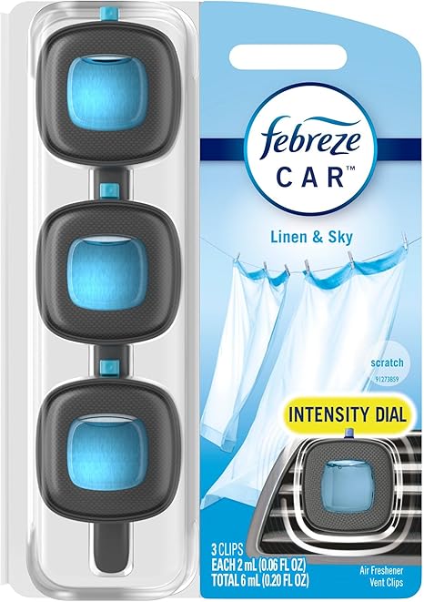 Febreze Car Odor-Fighting Car Freshener Vent Clip Linen & Sky, 0.06 fl oz, 3 Ct Pack of 3