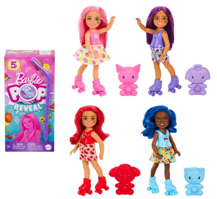 Barbie Pop Reveal Chelsea Small Doll, Fruit Series with 5 Surprises Including Pop-It Pet & Accessories, Features Scent & Color Change (Styles May Vary)