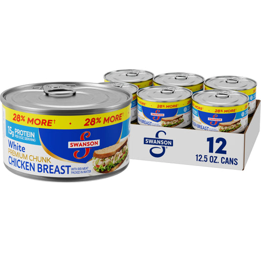 Swanson White Premium Chunk Canned Chicken Breast in Water, Fully Cooked Chicken, 12.5 OZ Can (Case of 12)