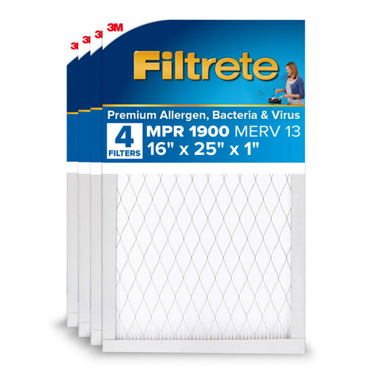 Filtrete 16x25x1 AC Furnace Air Filter, MERV 13, MPR 1900, Premium Allergen, Bacteria & Virus Filter, 3-Month Pleated 1-Inch Electrostatic Air Cleaning Filter, 4-Pack (Actual Size 15.69x24.69x0.78 in)