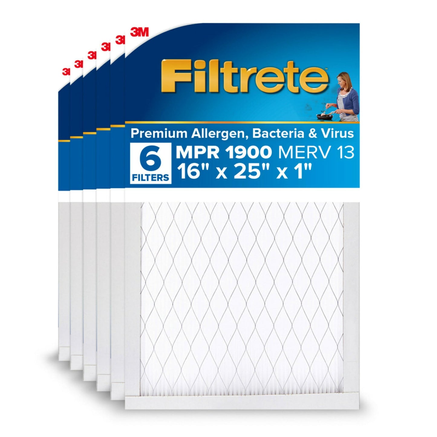 Filtrete 16x25x1 AC Furnace Air Filter, MERV 13, MPR 1900, Premium Allergen, Bacteria & Virus Filter, 3-Month Pleated 1-Inch Electrostatic Air Cleaning Filter, 6-Pack (Actual Size 15.69x24.69x0.78 in)