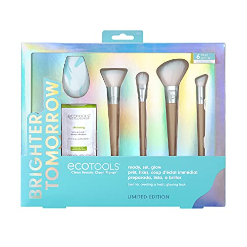 EcoTools Limited Edition Ready, Set, Glow Makeup Accessory & Cleansing Set, Blue, 6 Piece Makeup Tool Christmas Gift Set For Wife, Daughter, Or Girlfriend