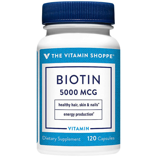 The Vitamin Shoppe Biotin 5,000MCG, Nutrient Metabolism Support for Healthy Vibrant Hair, Healthy Skin & Strong Nails, Energy Production (120 Capsules)