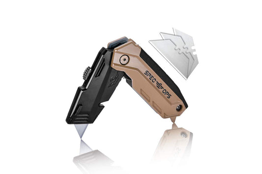 Spec Ops Tools Folding Utility Knife with Retractable Blade, Includes 3 Extra Blades in Handle Storage