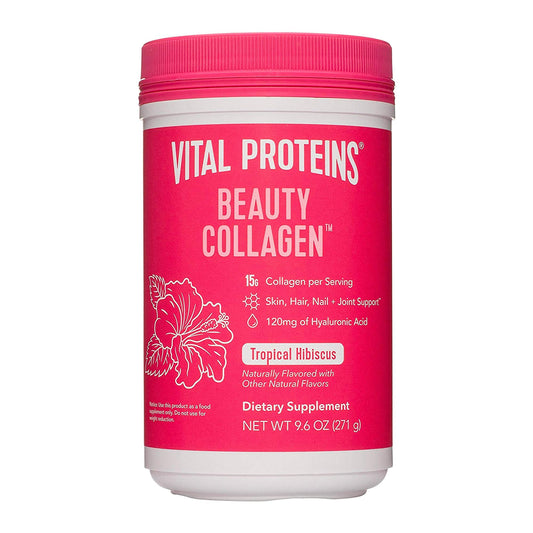 Vital Proteins Beauty Collagen Peptides Powder Supplement for Women, 120mg of Hyaluronic Acid - 15g of Collagen Per Serving - Enhance Skin Elasticity and Hydration - Tropical Hibiscus - 9.6oz Canister