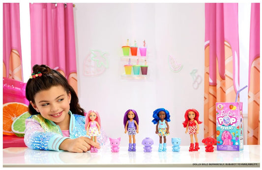 Barbie Pop Reveal Chelsea Small Doll, Fruit Series with 5 Surprises Including Pop-It Pet & Accessories, Features Scent & Color Change (Styles May Vary)