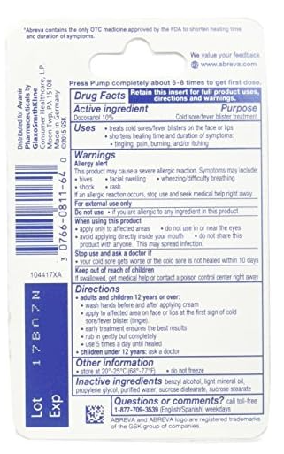 Abreva Cold Sore/Fever Blister Treatment, Pump 0.07 oz (2 g) (Abreva Pump)