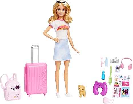 Barbie Doll & Accessories, Travel Set with Puppy and 10+ Pieces, Suitcase Opens & Closes, Barbie "Malibu" with Blonde Hair