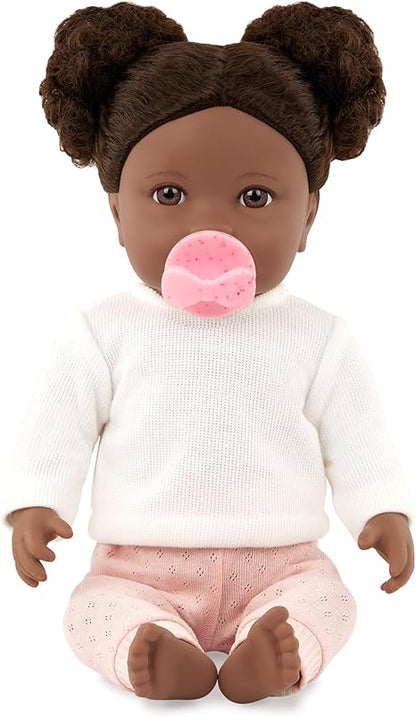 LullaBaby – 14-inch Realistic Baby Doll – Curly Dark-Brown Hair, Brown Eyes & Soft Body – Sweater & Pants Outfit, Hair Elastics & Pacifier – Pretend Play – Baby Doll with Curly Brown Hair