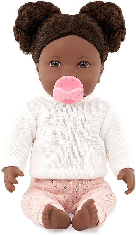 LullaBaby – 14-inch Realistic Baby Doll – Curly Dark-Brown Hair, Brown Eyes & Soft Body – Sweater & Pants Outfit, Hair Elastics & Pacifier – Pretend Play – Baby Doll with Curly Brown Hair