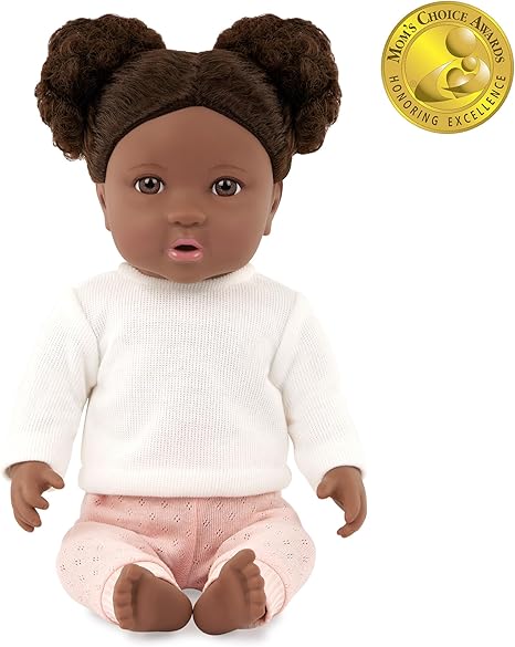 LullaBaby – 14-inch Realistic Baby Doll – Curly Dark-Brown Hair, Brown Eyes & Soft Body – Sweater & Pants Outfit, Hair Elastics & Pacifier – Pretend Play – Baby Doll with Curly Brown Hair