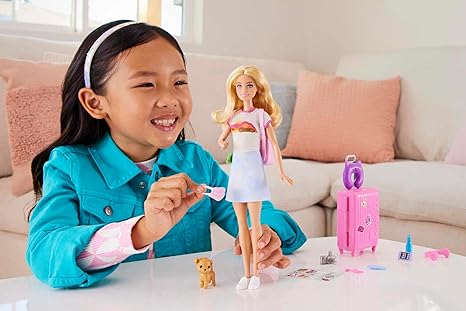 Barbie Doll & Accessories, Travel Set with Puppy and 10+ Pieces, Suitcase Opens & Closes, Barbie "Malibu" with Blonde Hair