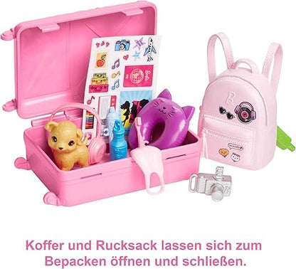 Barbie Doll & Accessories, Travel Set with Puppy and 10+ Pieces, Suitcase Opens & Closes, Barbie "Malibu" with Blonde Hair