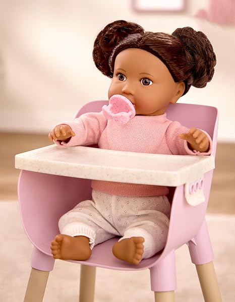 LullaBaby – 14-inch Realistic Baby Doll – Curly Dark-Brown Hair, Brown Eyes & Soft Body – Sweater & Pants Outfit, Hair Elastics & Pacifier – Pretend Play – Baby Doll with Curly Brown Hair