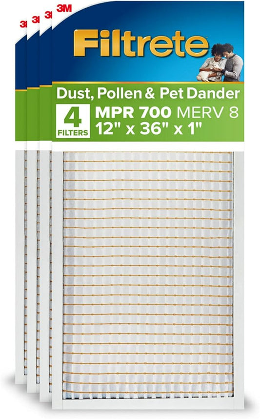 Filtrete 12X36X1 Air Filter, MPR 700, MERV 8, Clean Living Dust, Pollen and Pet Dander Reduction 3-Month Pleated 1-Inch Air Filters, 4 Filters