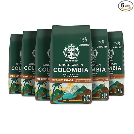 Starbucks Ground Coffee, Medium Roast Coffee, Colombia, 100% Arabica, 6 bags (12 oz each)