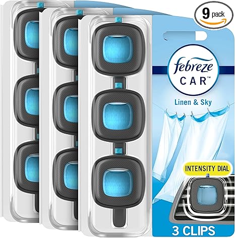 Febreze Car Odor-Fighting Car Freshener Vent Clip Linen & Sky, 0.06 fl oz, 3 Ct Pack of 3