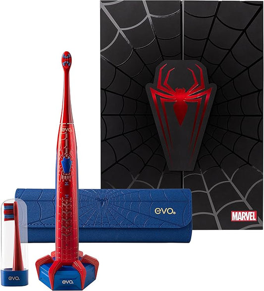 evo SPM-1 Spider-Man Rechargeable Sonic Toothbrush, Marvel Electric Toothbrush for Adults, Marvel Gifts, Soft Toothbrushes for Adults with Toothbrush Timer, Toothbrush Heads, Collector's Edition