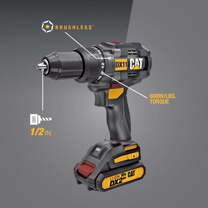 CAT 18V 1/2 in. Cordless Drill/Driver with Brushless Motor and Two Batteries